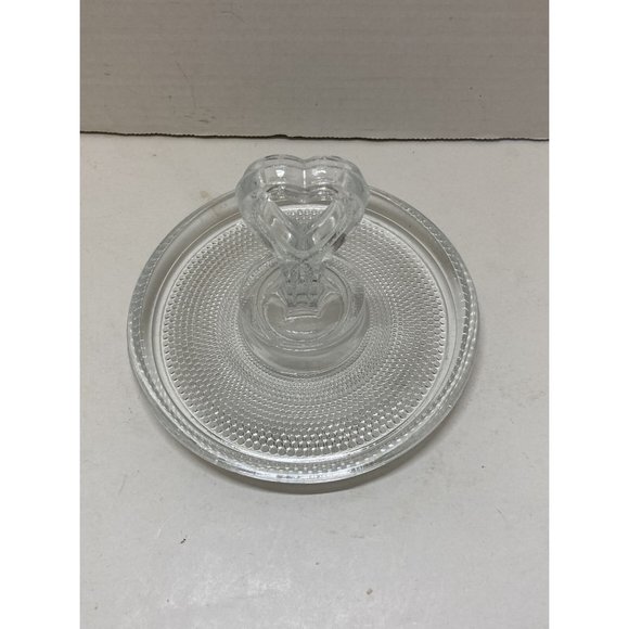 Vintage Clear Glass Candy Dish 6" Round Heart Handle Textured Tray Elegant - Picture 2 of 3